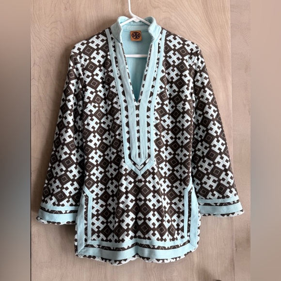Tory Burch Tory Tunic Cotton French Terry Top Brown Turquoise Medium - Picture 3 of 13